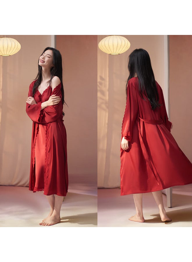 XULEN Xuanliang Women's Spring Autumn Ice Silk Camisole Nightdress Two-piece Set Wedding Robe - Image 2