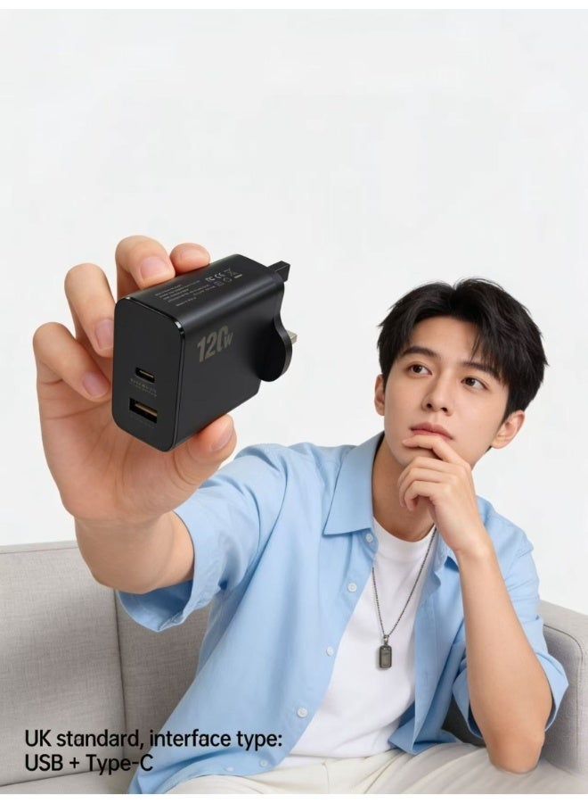 120W UK Super Fast Charging Adapter, Mobile Phone Charger, Travel Power Adapter, Black - Image 1