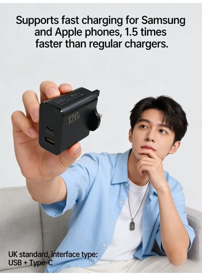 120W UK Super Fast Charging Adapter, Mobile Phone Charger, Travel Power Adapter, Black - Image 1