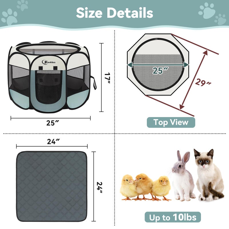 Siedihit Dog Playpen with Washable Pee Pad, Puppy Pet Cat Playpen Small Dogs Tent Crate Indoor/Outdoor, Portable Pop Up Kennel with Carrying Case for Cats/Rabbits(Grey,Small with pad) - Image 3