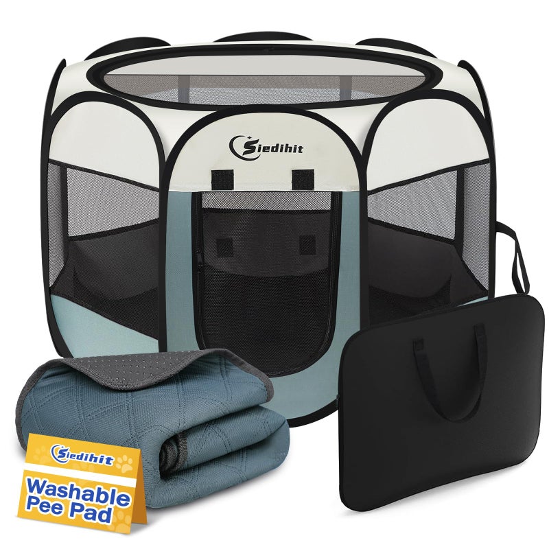 Siedihit Dog Playpen with Washable Pee Pad, Puppy Pet Cat Playpen Small Dogs Tent Crate Indoor/Outdoor, Portable Pop Up Kennel with Carrying Case for Cats/Rabbits(Grey,Small with pad) - Image 1