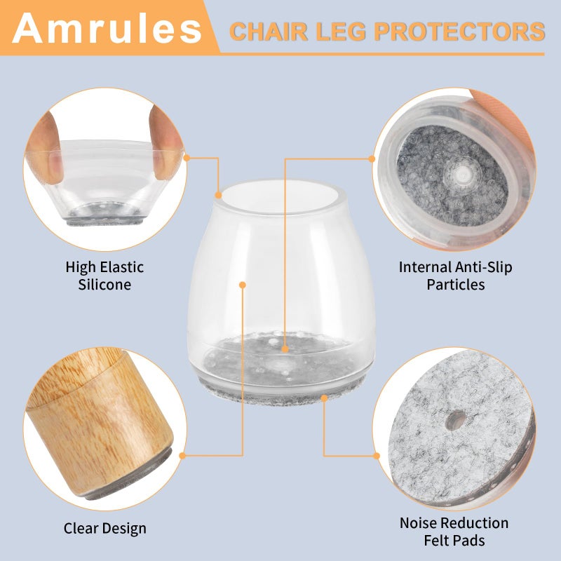 Amrules 36Pcs Round Chair Leg Floor Protectors, Silicone Chair Feet Caps to Protect Tile Floors, Felt Pads Furniture Leg Caps Covers from Scratches and Noise(Clear, Small Fit: 0.9"-1.29") - Image 3