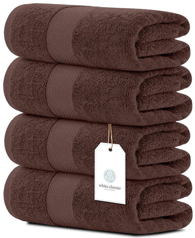 White Classic Luxury Bath Towels Set of 4 Large  700 GSM Cotton Ultra Soft Bath Towels 27x54  Highly Absorbent and Quick Dry  Hotel Towels for Bathroom Luxury Plush Shower Towels Brown