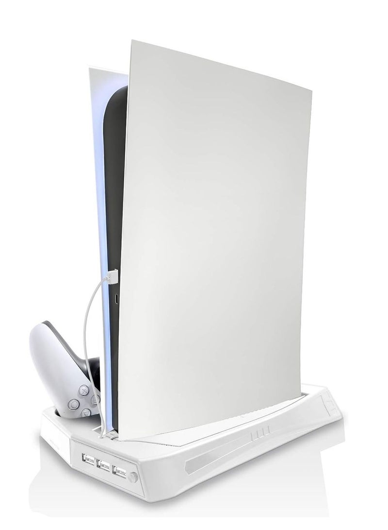 مروحة تبريد مع حامل لجهاز PS5، شاحن سريع لتحكم PS5 Dual Sense، حامل عمودي لجهاز PS5 للإصدارات القرصية والرقمية (لون أبيض). - Image 3