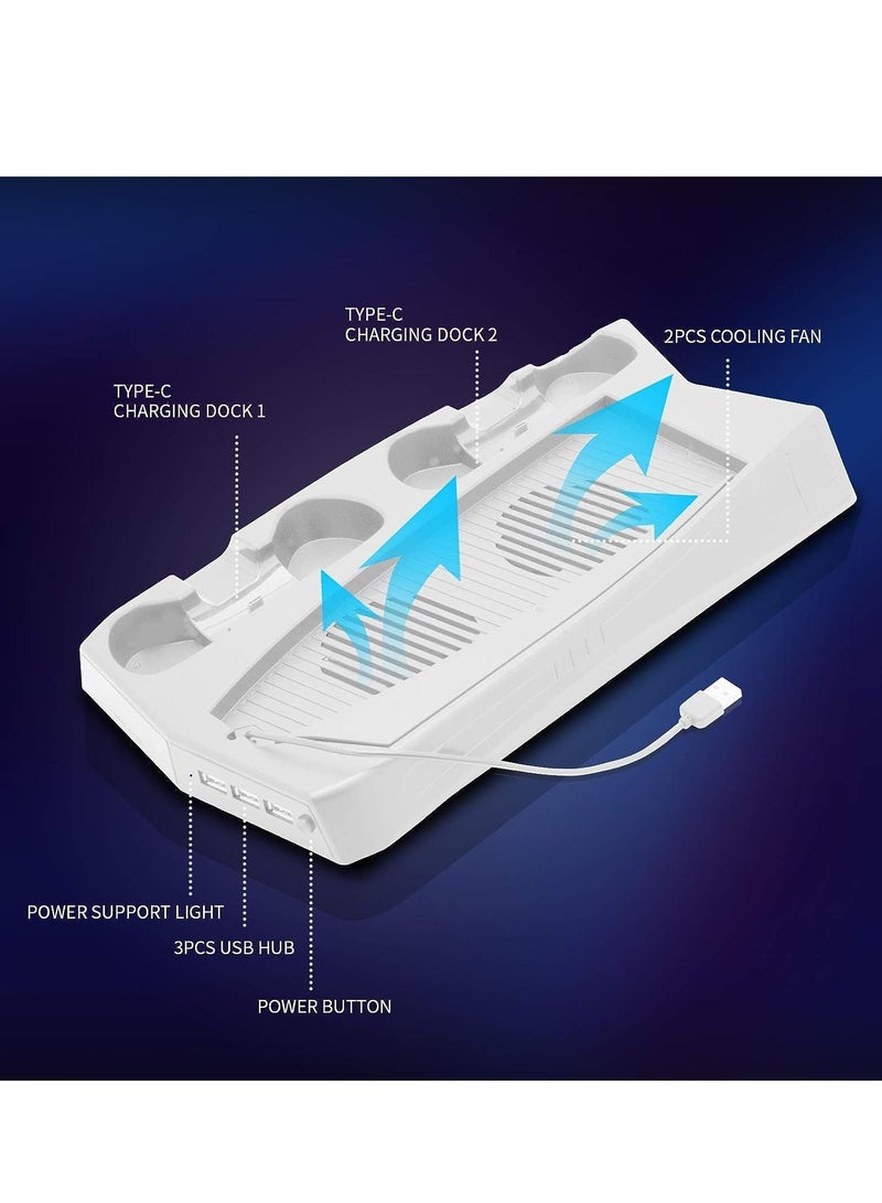 مروحة تبريد مع حامل لجهاز PS5، شاحن سريع لتحكم PS5 Dual Sense، حامل عمودي لجهاز PS5 للإصدارات القرصية والرقمية (لون أبيض). - Image 5