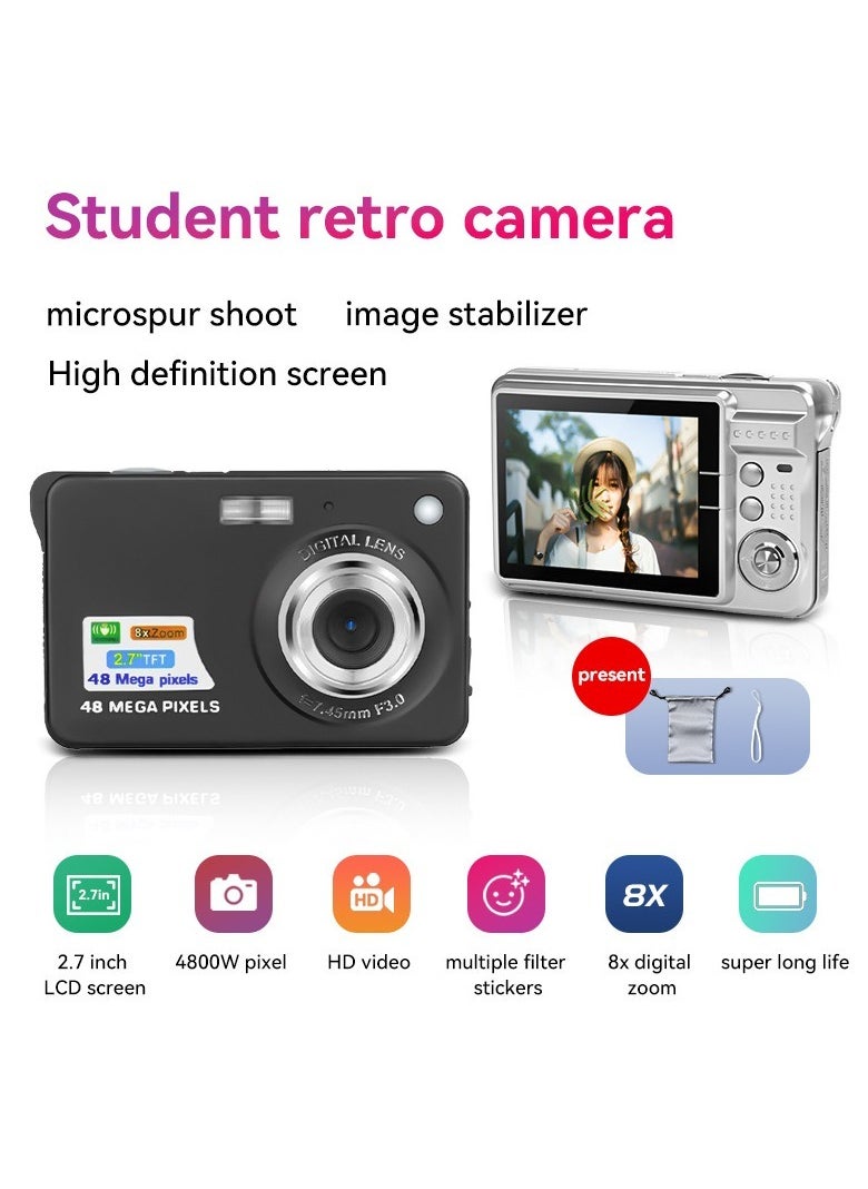 غاز 48 ميجابكسل 2.7 بوصة شاشة LCD كبيرة 2.7 بوصة شاشة كبيرة 8x تكبير رقمي CCD كاميرا رقمية للطلبة عالية الدقة لتسجيل الفيديو، ذات عمر طويل للغاية (فضي)  - Image 1