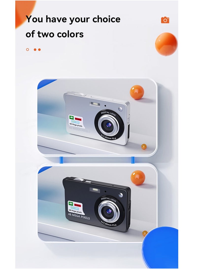 Gasin - 48 Megapixel 2.7inch LCD Large Screen 8x Digital Zoom CCD Student Digital Camera HD Video Recording Ultra Long Life (Silver) - Image 1