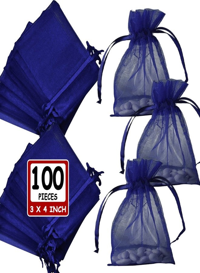 Ableme Deco Navy Blue Organza Bags 3x4 Inch (100 Pcs) Sheer Mesh Gift Bags Drawstring Sachet Jewelry Bags Organza Small Drawstring Pouch for Wedding Favor, Party, Soaps, Baby Shower Gifts - Image 1