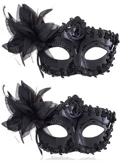 The Bros Women Masquerade Mask 2 Pcs Black Venetian Masks Plastic Flower Party Prom Ball Costume Mardi Gras  - Image 1