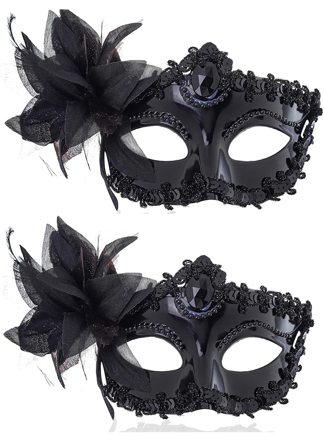 The Bros Women Masquerade Mask 2 Pcs Black Venetian Masks Plastic Flower Party Prom Ball Costume Mardi Gras  - Image 1