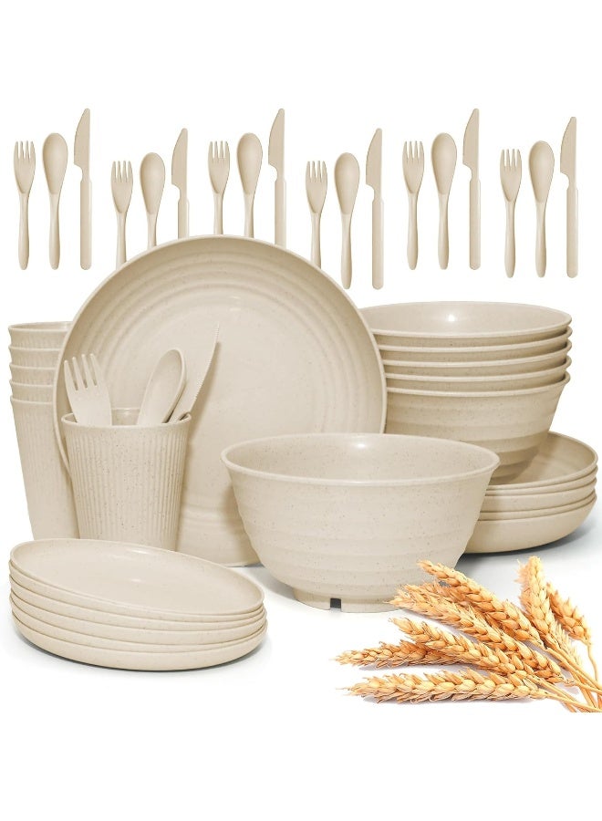 SHECIPIN 42 pcs Wheat Straw Dinnerware Sets SHECIPIN Unbreakable Reusable Dinnerware Set Kitchen Cups Plates and Bowls SetsDishwasher Microwave Safe Beige - Image 1