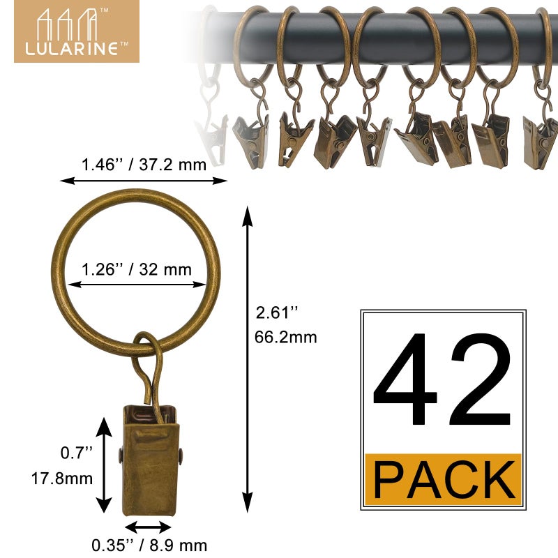LULARINE 42 Pack Curtain Rings with Clips 1.26" Interior Diameter,Metal Drapery Ring with Clips Compatible with up to 1 inch Drapery Rod,Strong Vintage Decorative Rustproof Drapery Ring with Hooks(Bronze) - Image 2