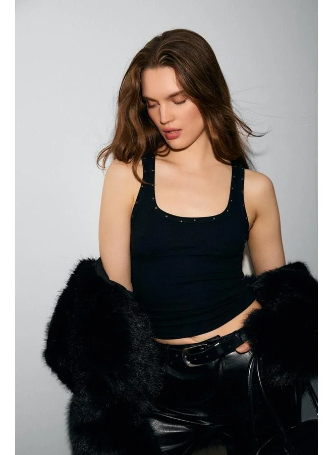 Ethiquet LILLESOL Women's Ruffle-Style Slim Fit Body-Hugging Pool Neck Cotton Basic Black Stone Tank Top.