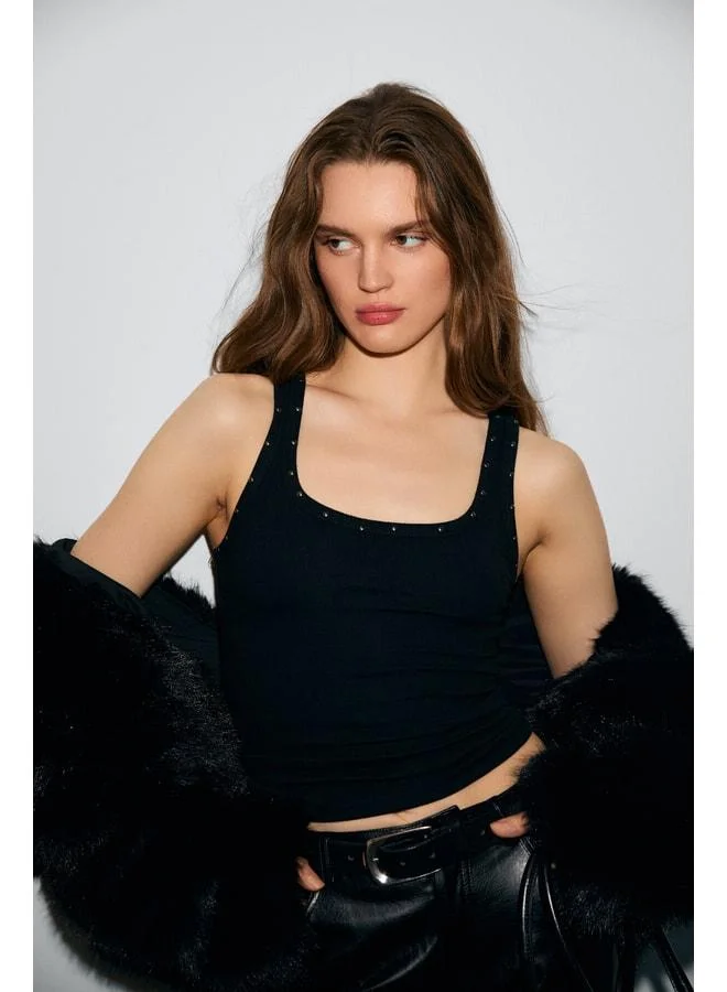 Ethiquet LILLESOL Women's Ruffle-Style Slim Fit Body-Hugging Pool Neck Cotton Basic Black Stone Tank Top.