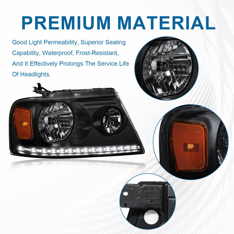 Fullux Headlights w/LED Bar for 04-08 Ford F150 06-08 Lincoln Mark LT Front Lights Replace Black Housing Amber Reflector - Image 4
