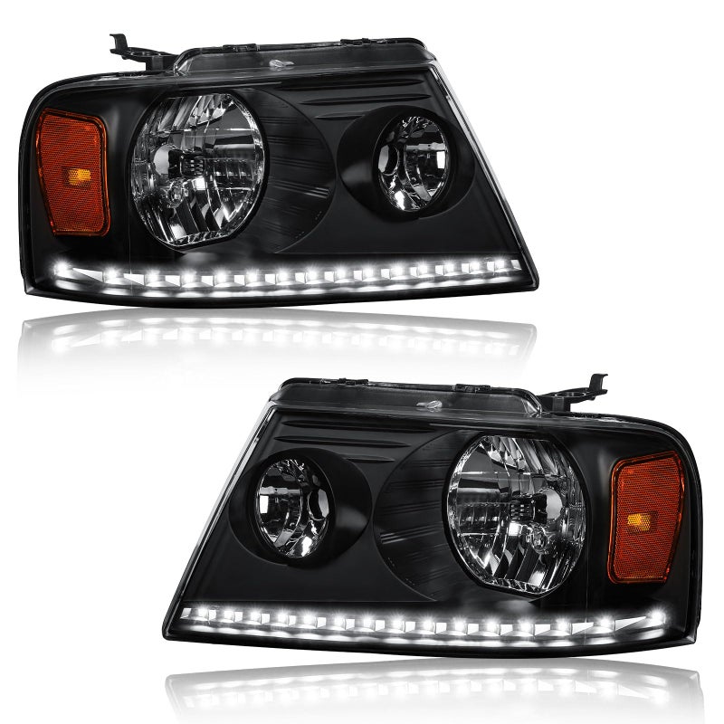 Fullux Headlights w/LED Bar for 04-08 Ford F150 06-08 Lincoln Mark LT Front Lights Replace Black Housing Amber Reflector - Image 1