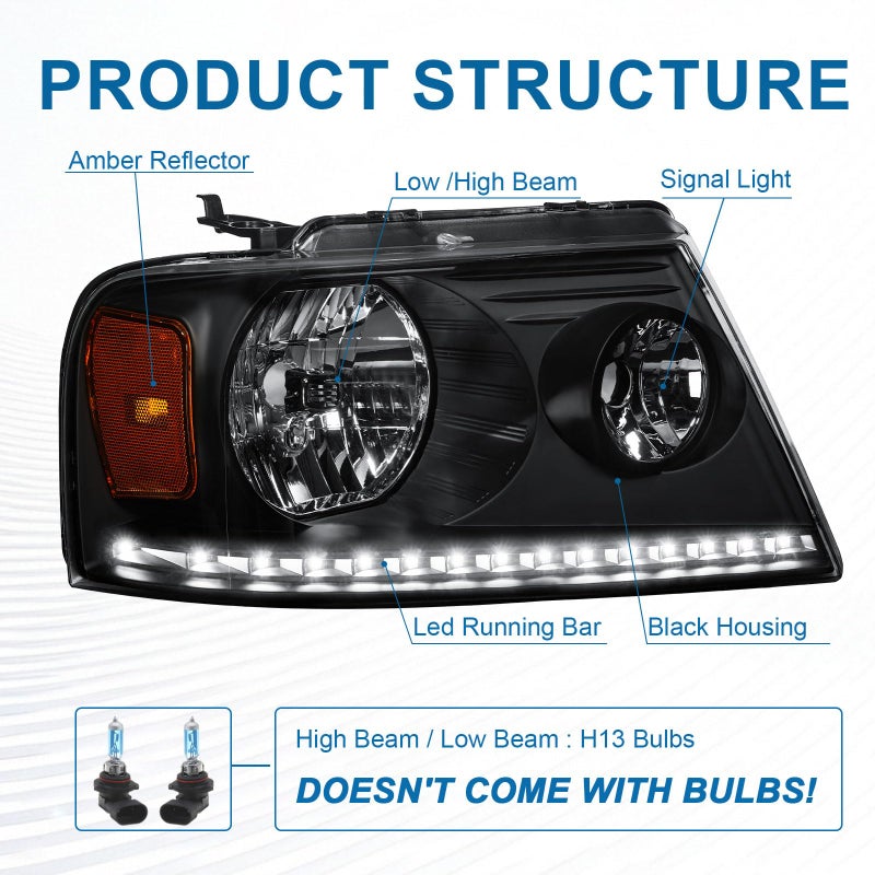 Fullux Headlights w/LED Bar for 04-08 Ford F150 06-08 Lincoln Mark LT Front Lights Replace Black Housing Amber Reflector - Image 3