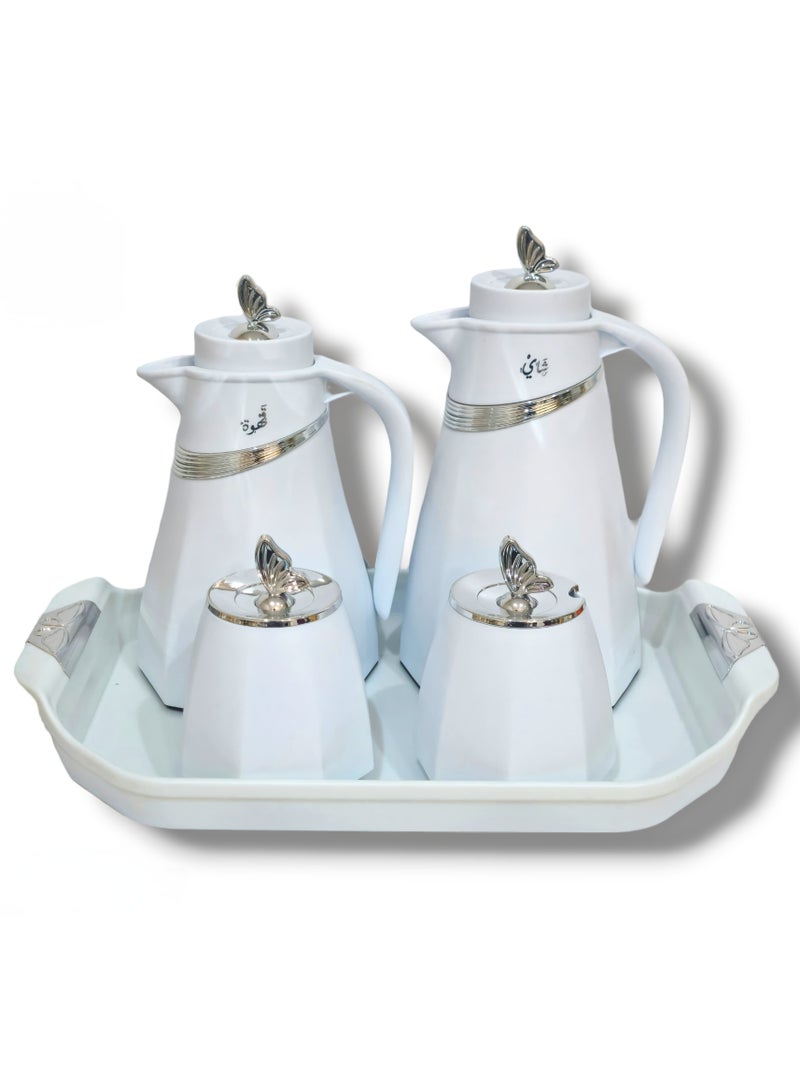 AL OSTORAH A 5-piece set consisting of two thermoses, 1 liter and 0.7 liter, silver and white, in addition to a luxurious serving tray and two boxes for serving sugar, sweets, dates and nuts. - Image 1