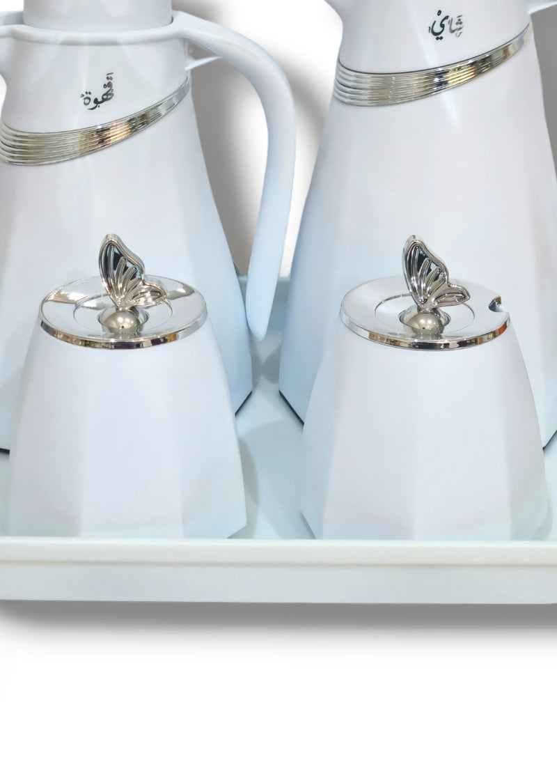 AL OSTORAH A 5-piece set consisting of two thermoses, 1 liter and 0.7 liter, silver and white, in addition to a luxurious serving tray and two boxes for serving sugar, sweets, dates and nuts. - Image 2