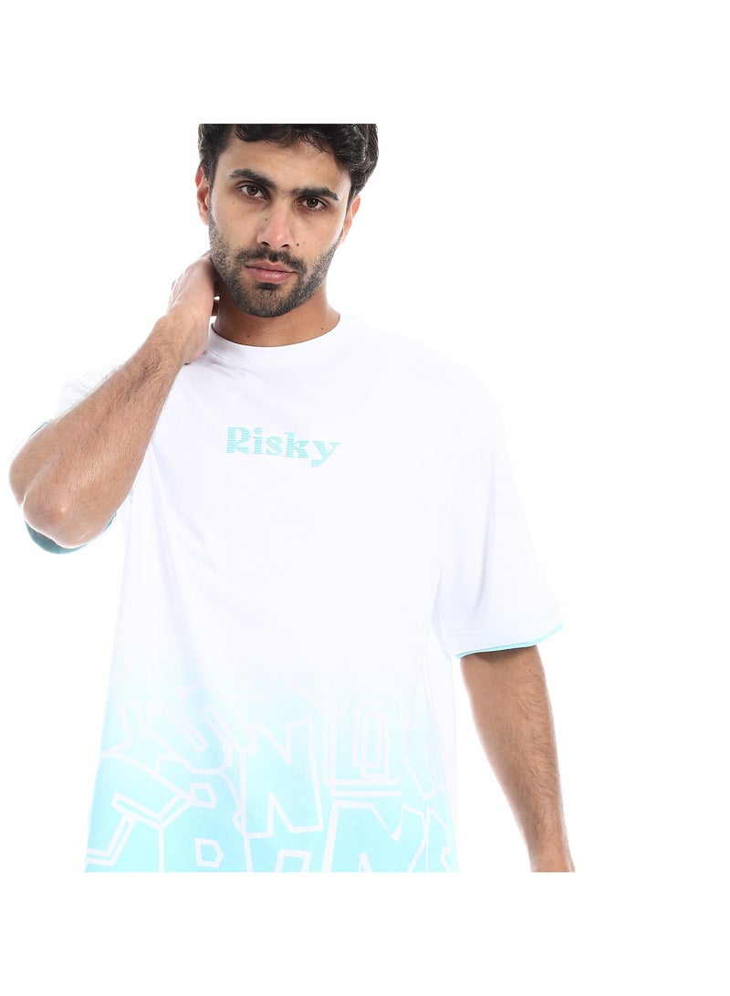 Prominent Print and Self Pattern Comfy T-Shirt - White & Aqua