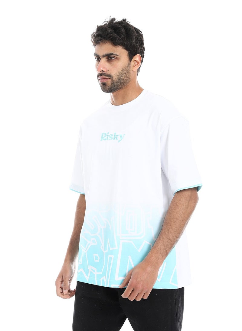 Prominent Print and Self Pattern Comfy T-Shirt - White & Aqua