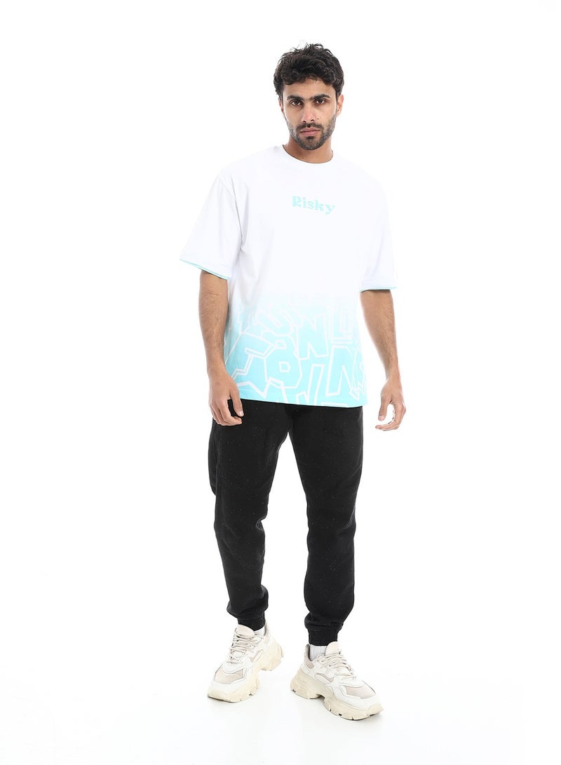 Prominent Print and Self Pattern Comfy T-Shirt - White & Aqua