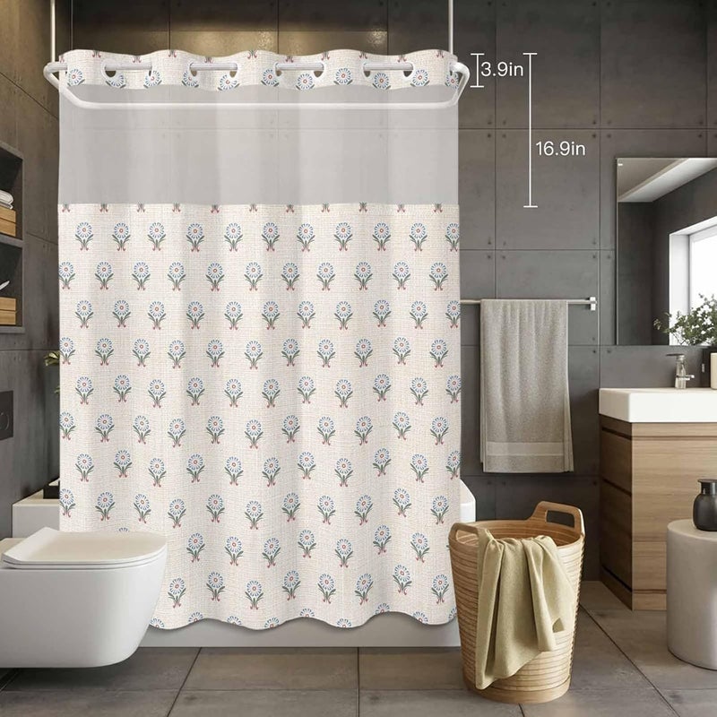 No Hook Shower Curtain and Liner Set, Bohemia Snap in Shower Curtain Set, Modern Abstarct Floral Flowers Boho Beige Waterproof Fabric Bathroom Curtain with See Through Top Window 60"x72" - Image 4