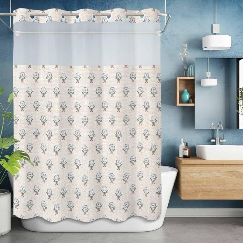 No Hook Shower Curtain and Liner Set, Bohemia Snap in Shower Curtain Set, Modern Abstarct Floral Flowers Boho Beige Waterproof Fabric Bathroom Curtain with See Through Top Window 60"x72" - Image 5