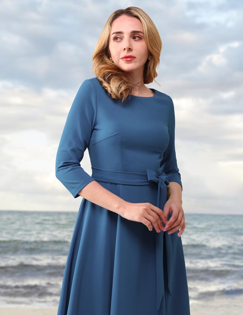 DRESSTELLS Wedding Guest Dress for Cocktail Holiday Party, Vintage Semi Formal Mother of Bride 3/4 Long Sleeve Tea Dress Prom Bridesmaid Evening Gala Church Modest Aline Swing, Greyblue M - Image 2