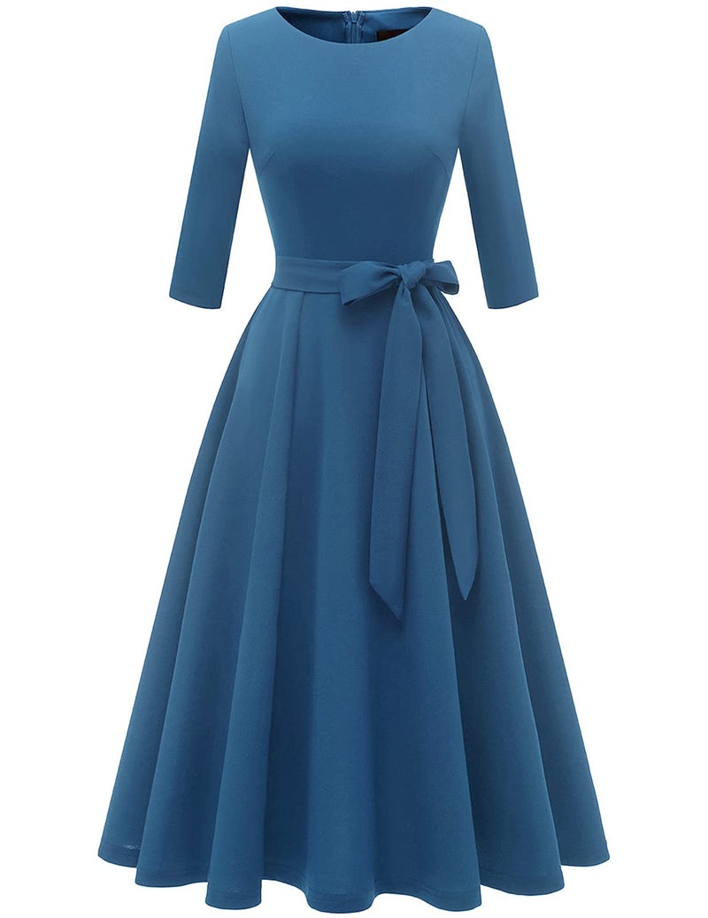 DRESSTELLS Wedding Guest Dress for Cocktail Holiday Party, Vintage Semi Formal Mother of Bride 3/4 Long Sleeve Tea Dress Prom Bridesmaid Evening Gala Church Modest Aline Swing, Greyblue M - Image 1