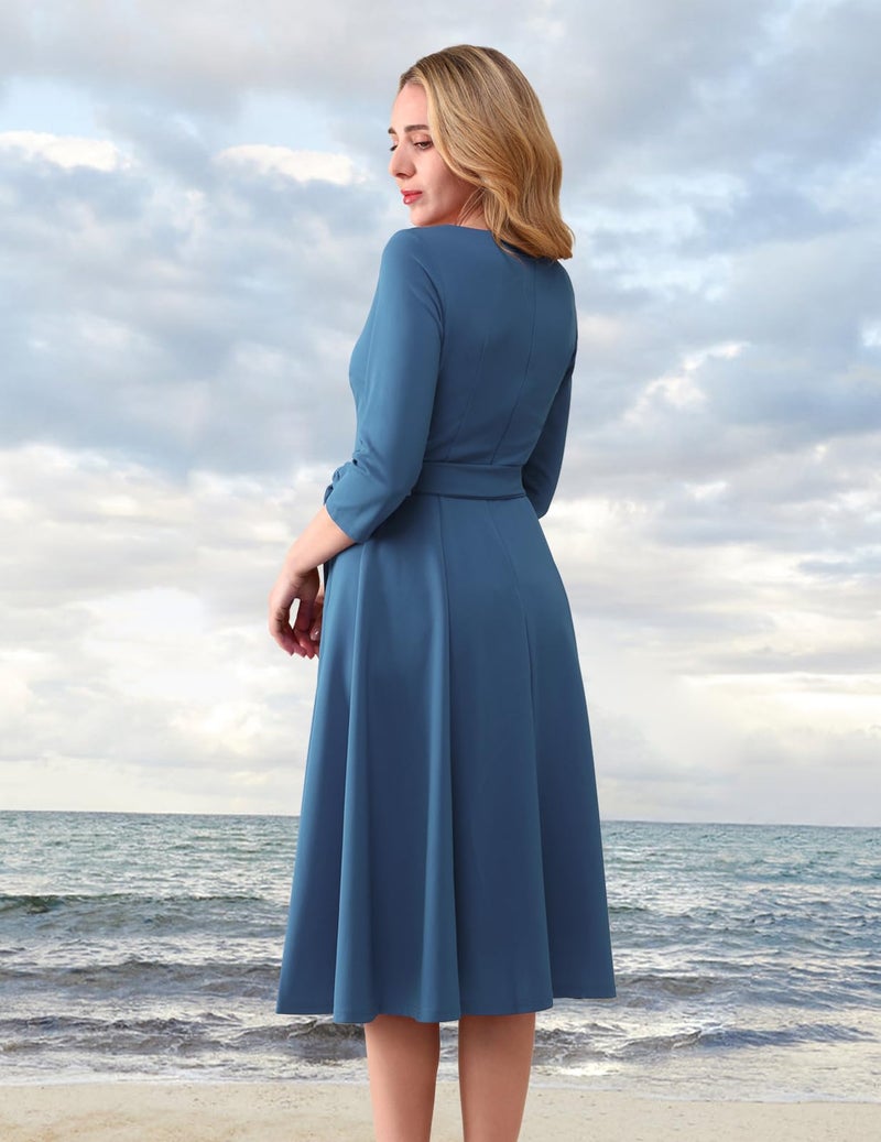 DRESSTELLS Wedding Guest Dress for Cocktail Holiday Party, Vintage Semi Formal Mother of Bride 3/4 Long Sleeve Tea Dress Prom Bridesmaid Evening Gala Church Modest Aline Swing, Greyblue M - Image 4