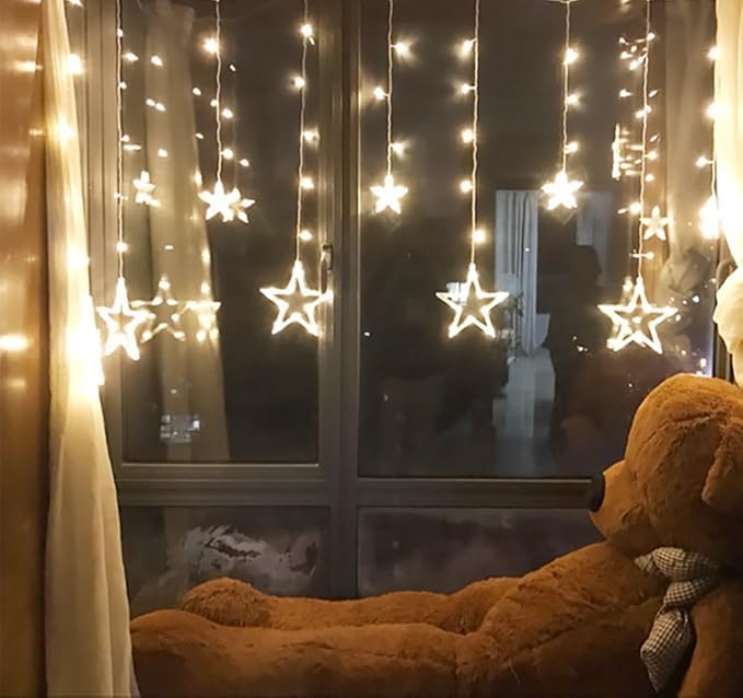 Quace 12 Stars Curtain String Lights, Window Curtain Lights with 8 Flashing Modes Decoration for Christmas, Wedding, Party, Home, Patio Lawn, Warm White - Warm White - Image 3