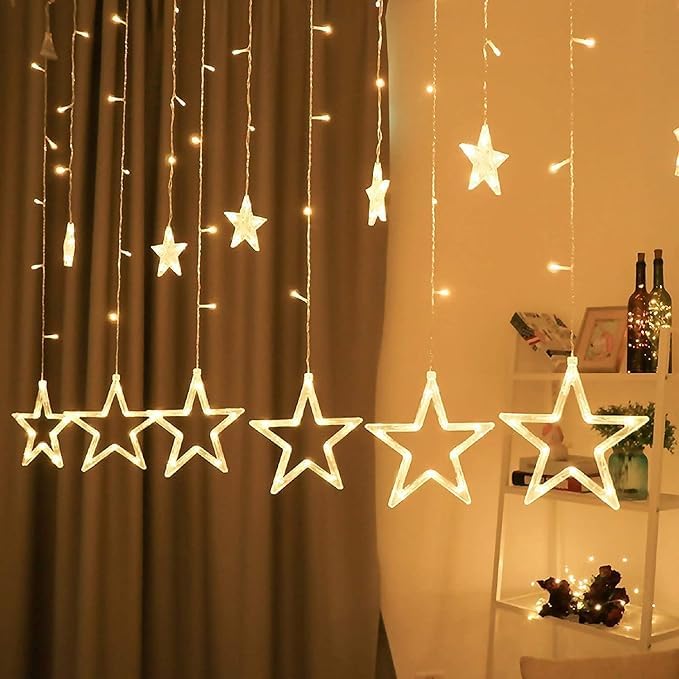 Quace 12 Stars Curtain String Lights, Window Curtain Lights with 8 Flashing Modes Decoration for Christmas, Wedding, Party, Home, Patio Lawn, Warm White - Warm White - Image 2