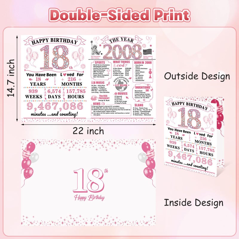 Uiorgui Large 18th Birthday Cards for Girls, Happy 18th Birthday Greeting Card with Envelope Jumbo 2008 Eighteen Guest Book Funny 18 Year Old Bday Gifts Decorations for Daughter Niece - Image 2