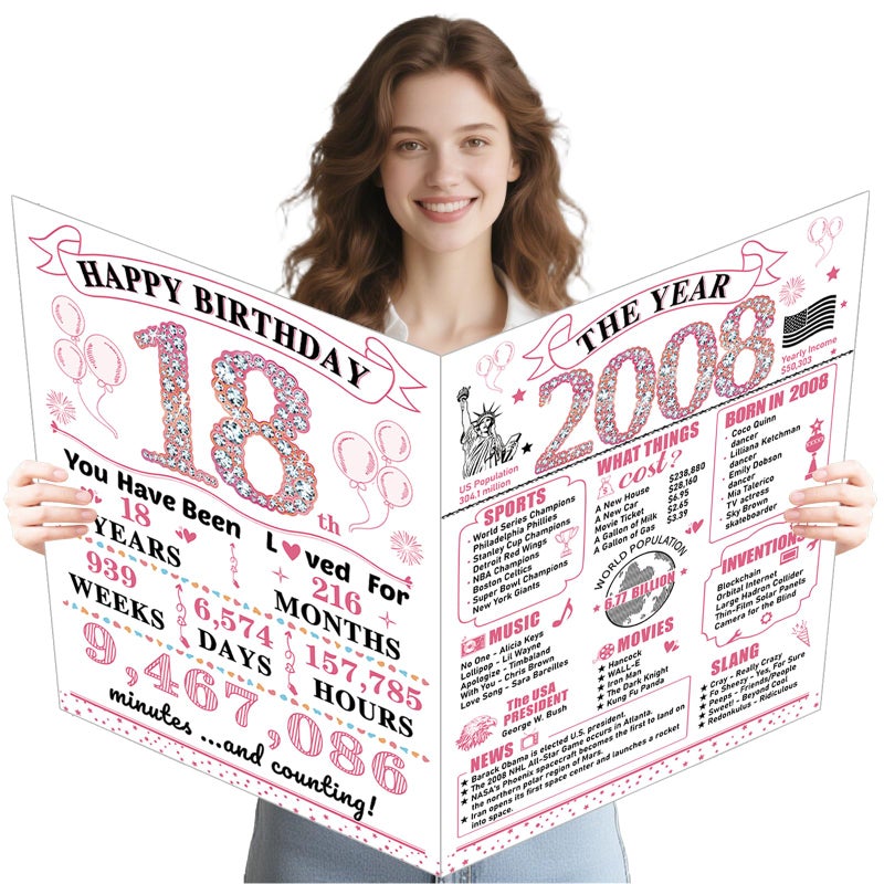 Uiorgui Large 18th Birthday Cards for Girls, Happy 18th Birthday Greeting Card with Envelope Jumbo 2008 Eighteen Guest Book Funny 18 Year Old Bday Gifts Decorations for Daughter Niece - Image 1