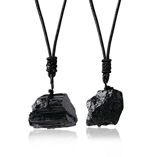 Apengshi Natural Black Tourmaline Necklace 2PCS Irregular Raw Stone Pendant Healing Crystal Necklace Meditation Reiki Energy Purification Energy Chakra Balance Security Protection Gift - Image 1