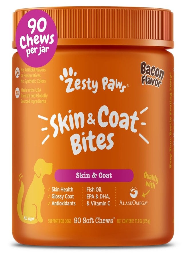 Zesty Paws Omega 3 Fish Oil for Dogs - Zesty Paw Dog Vitamins and Supplements for Hip, Joint & Skin, Bacon (90 Chews) - Image 1