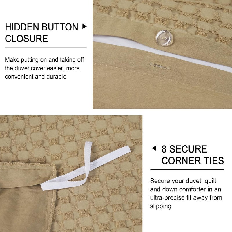 PHF 3 Piece 100% Cotton Waffle Duvet Cover Set King Size, Ultra Soft Skin-Friendly Cozy for All Season, Luxury Feel & touch, set includes 1 x 240cm x 270cm Duvet Cover + 2x 50cm x 90cm Pillow Shams, Khaki - Image 4