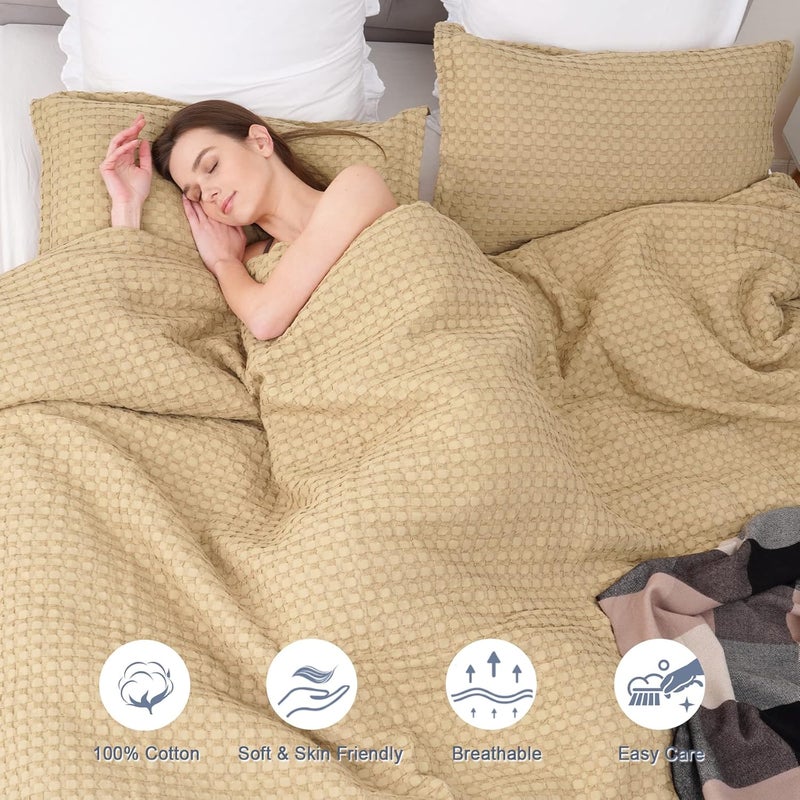 PHF 3 Piece 100% Cotton Waffle Duvet Cover Set King Size, Ultra Soft Skin-Friendly Cozy for All Season, Luxury Feel & touch, set includes 1 x 240cm x 270cm Duvet Cover + 2x 50cm x 90cm Pillow Shams, Khaki - Image 2