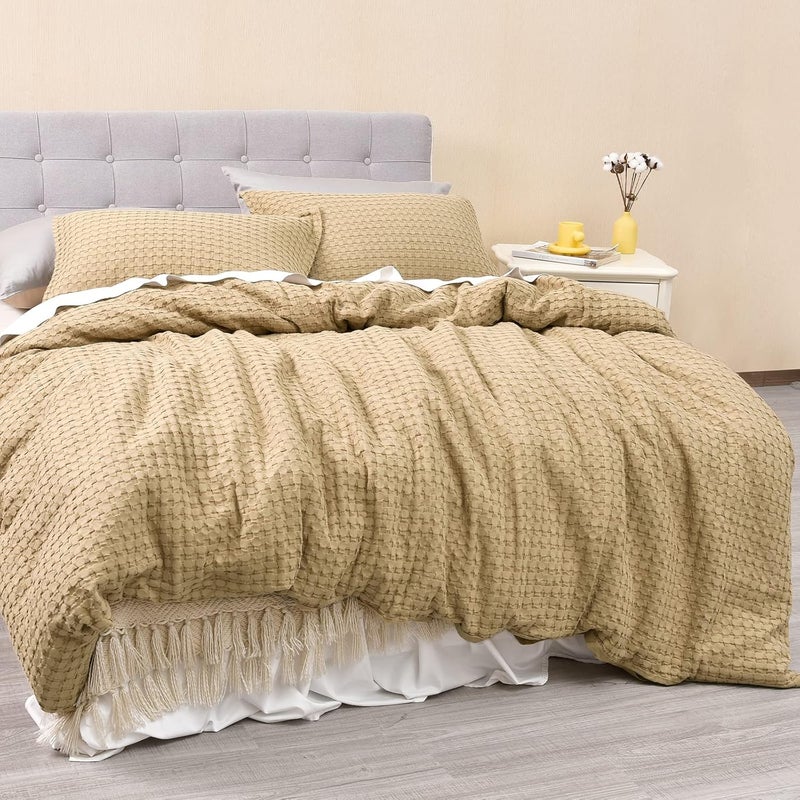 PHF 3 Piece 100% Cotton Waffle Duvet Cover Set King Size, Ultra Soft Skin-Friendly Cozy for All Season, Luxury Feel & touch, set includes 1 x 240cm x 270cm Duvet Cover + 2x 50cm x 90cm Pillow Shams, Khaki - Image 5