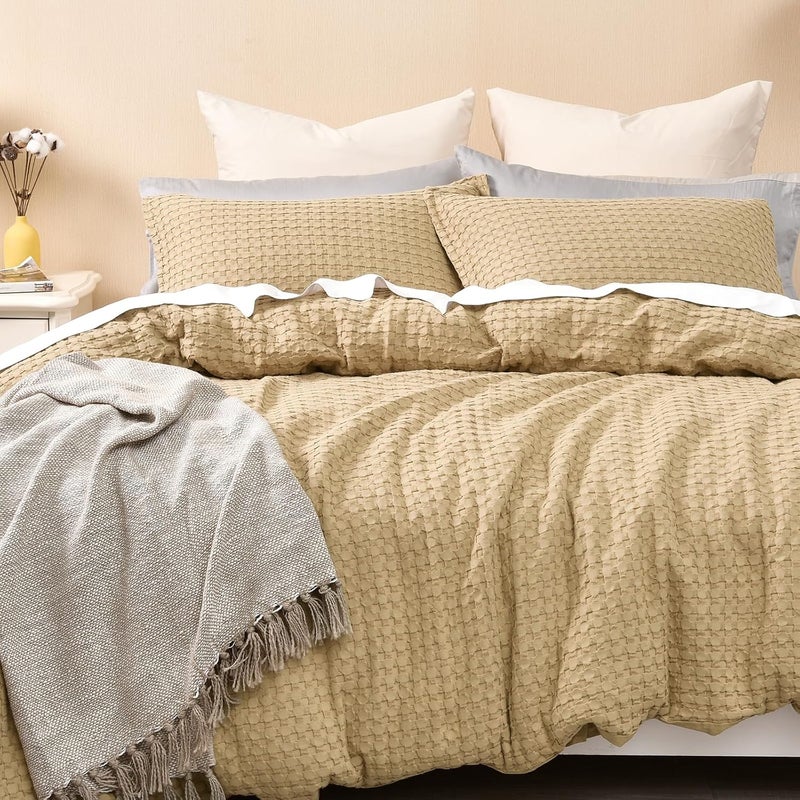 PHF 3 Piece 100% Cotton Waffle Duvet Cover Set King Size, Ultra Soft Skin-Friendly Cozy for All Season, Luxury Feel & touch, set includes 1 x 240cm x 270cm Duvet Cover + 2x 50cm x 90cm Pillow Shams, Khaki - Image 1
