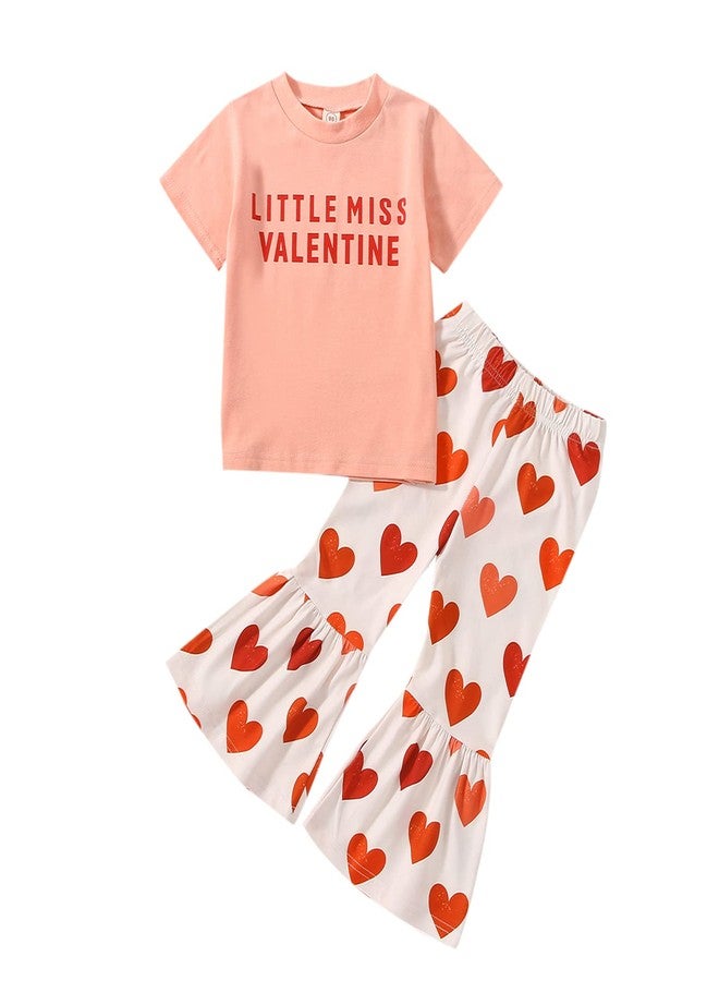 wybzd Baby Girl Valentines Day Outfit Little Miss Valentine Short Sleeve T-Shirt Top Bell-Bottom Pants Sets Cute Toddler Clothes A Little Miss Valentine Pants set 4-5T - Image 1