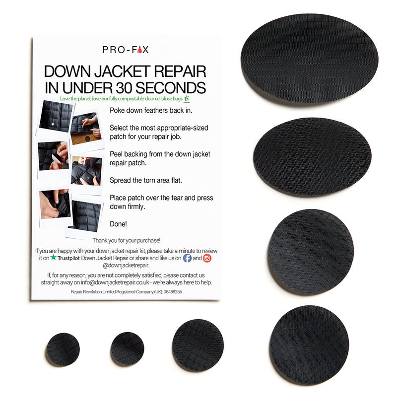 DJR Pro-Fix Down Jacket Repair Patches Easy to Use, Pre-Cut, Self-Adhesive, Waterproof, Tear-Resistant Rip-Stop Nylon Fabric Patches for Jackets & Patches for Clothing, Down Jacket Patches - Black - Image 2