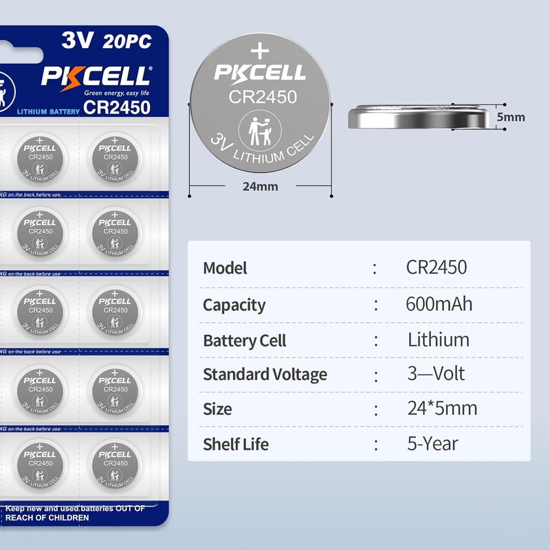 PKCELL 20 Pack CR2450 3V Lithium Battery - High Capacity, Long Lasting Power, Mercury-Free - Image 2