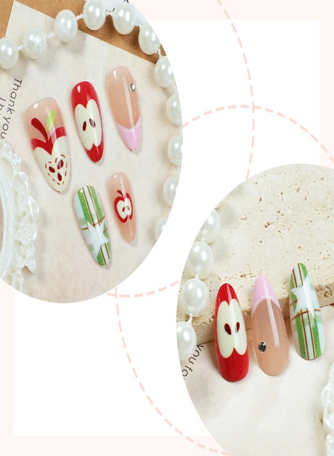 FDSQHSA 30 Pcs Fruit Press on Nails Medium Almond Fake Nails with Apple Star Designs Pink French Tip False Nails Fruit Acrylic Nail Tips Cute Full Cover Stick on Nails for Women Summer Fall Nail Decoration - Image 3