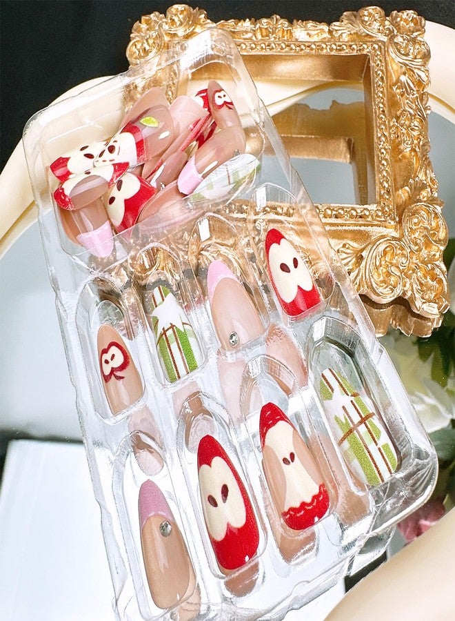FDSQHSA 30 Pcs Fruit Press on Nails Medium Almond Fake Nails with Apple Star Designs Pink French Tip False Nails Fruit Acrylic Nail Tips Cute Full Cover Stick on Nails for Women Summer Fall Nail Decoration - Image 5