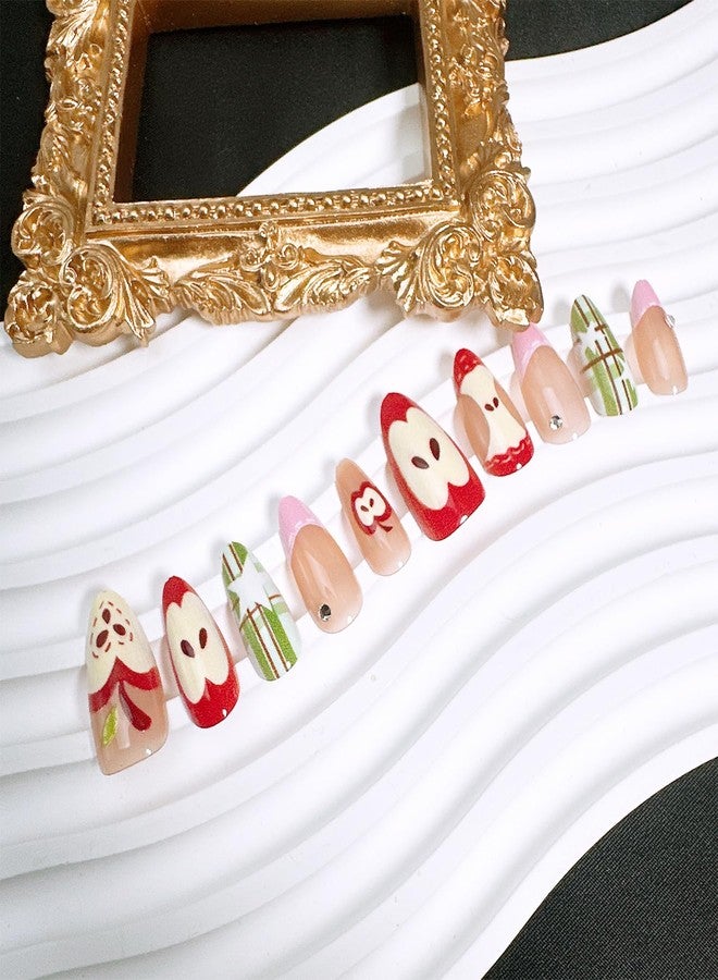 FDSQHSA 30 Pcs Fruit Press on Nails Medium Almond Fake Nails with Apple Star Designs Pink French Tip False Nails Fruit Acrylic Nail Tips Cute Full Cover Stick on Nails for Women Summer Fall Nail Decoration - Image 4