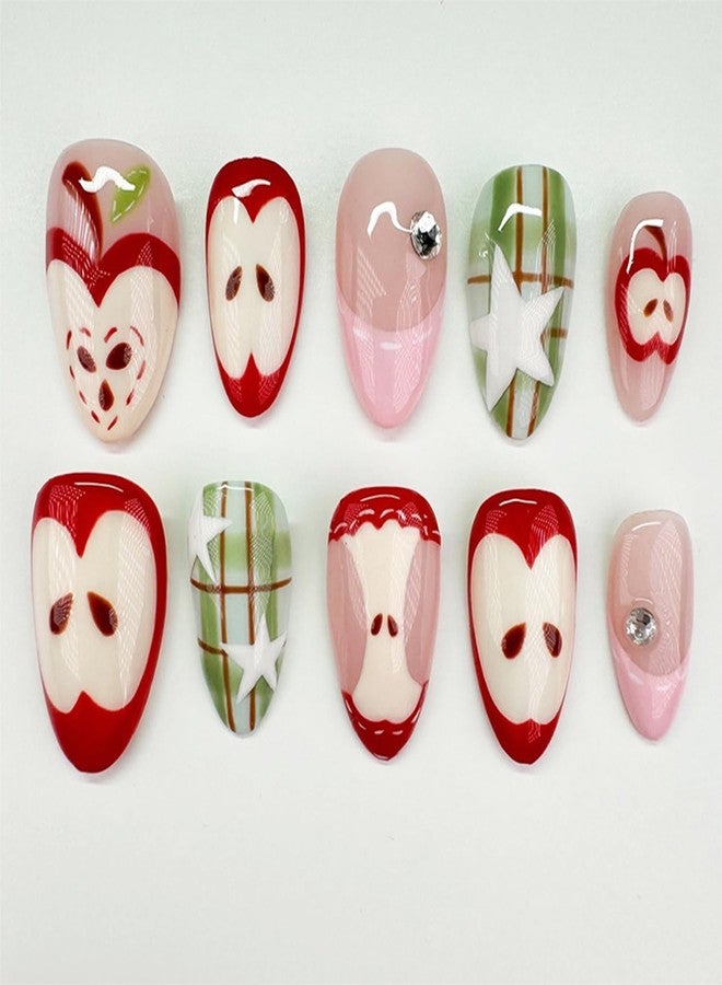 FDSQHSA 30 Pcs Fruit Press on Nails Medium Almond Fake Nails with Apple Star Designs Pink French Tip False Nails Fruit Acrylic Nail Tips Cute Full Cover Stick on Nails for Women Summer Fall Nail Decoration - Image 1