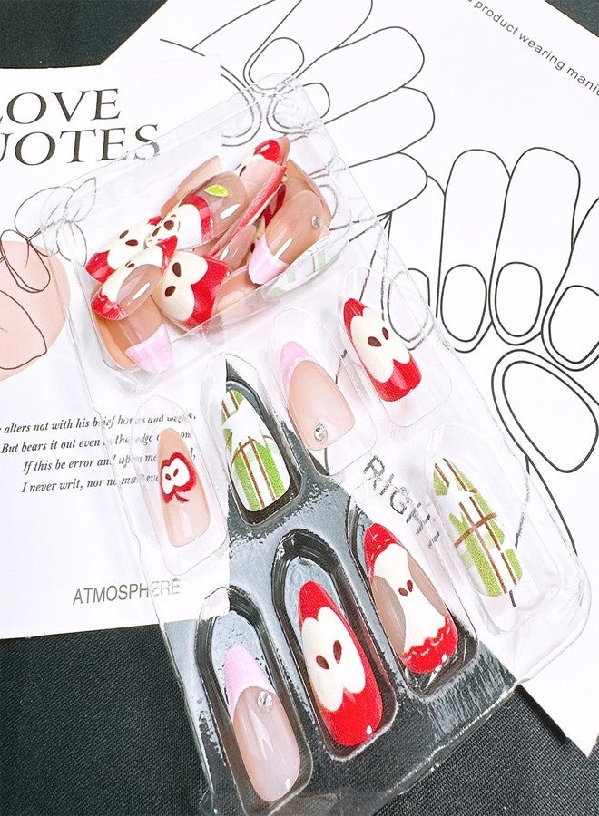 FDSQHSA 30 Pcs Fruit Press on Nails Medium Almond Fake Nails with Apple Star Designs Pink French Tip False Nails Fruit Acrylic Nail Tips Cute Full Cover Stick on Nails for Women Summer Fall Nail Decoration - Image 2