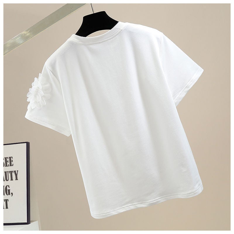 Spot Heavy Industry Beading Sweet Stereo Flower Decoration Pullover Short-Sleeved T-Shirt for Women Loose and Versatile Fashionable Top - Image 5